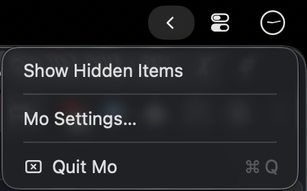 Mo menu showing controls to reveal hidden items and open settings