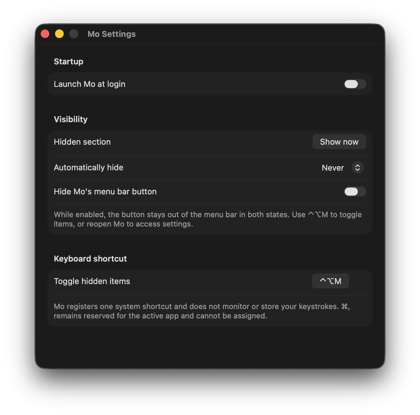 Mo settings for startup, automatic hiding, and keyboard shortcut